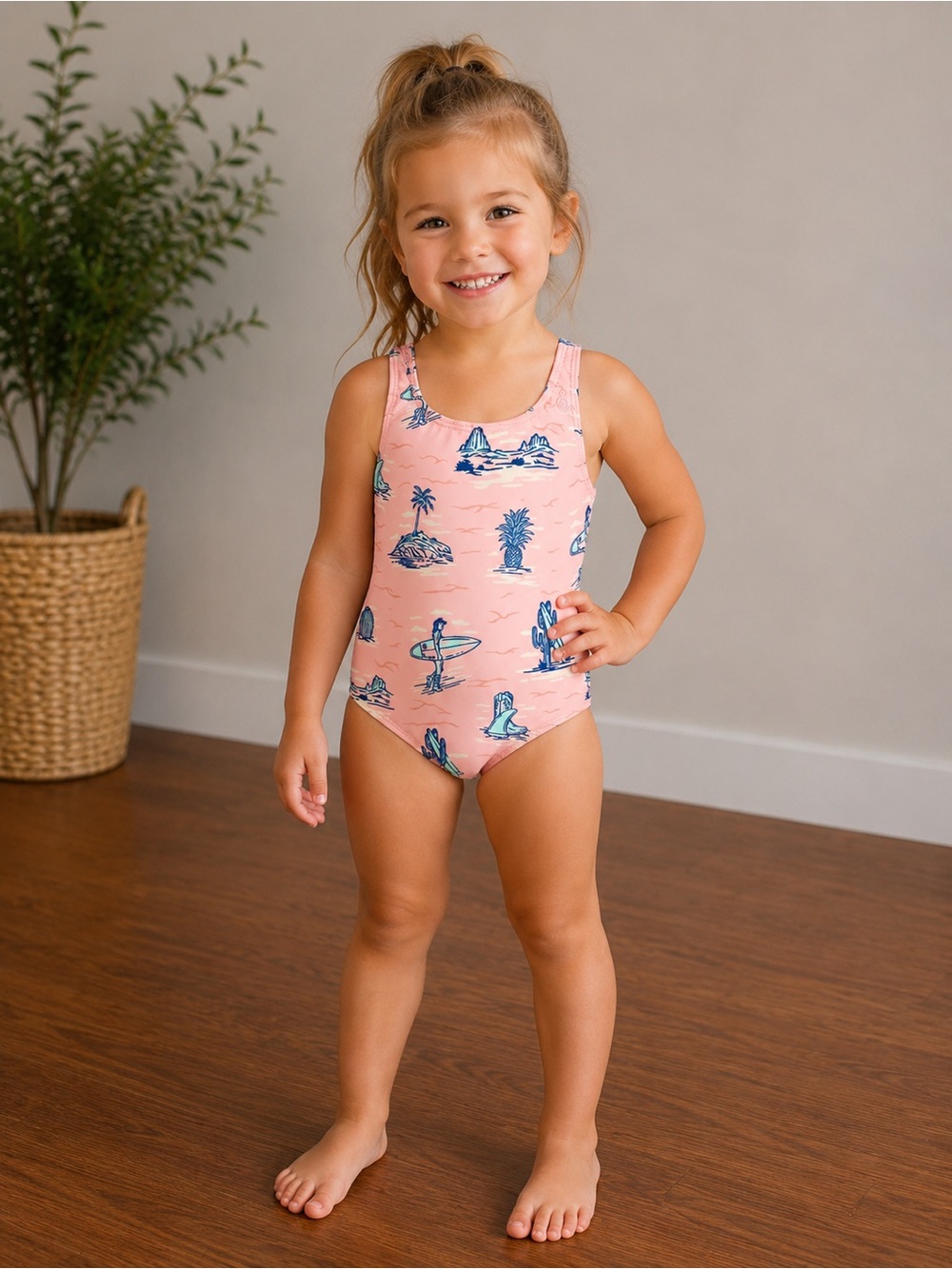 Seaesta Surf • NWT Girls' Pink Surf Print One-Piece Swimsuit 3/4